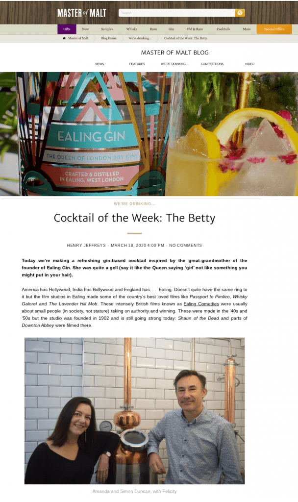 Ealing Gin Master of Malt Cocktail of the Week